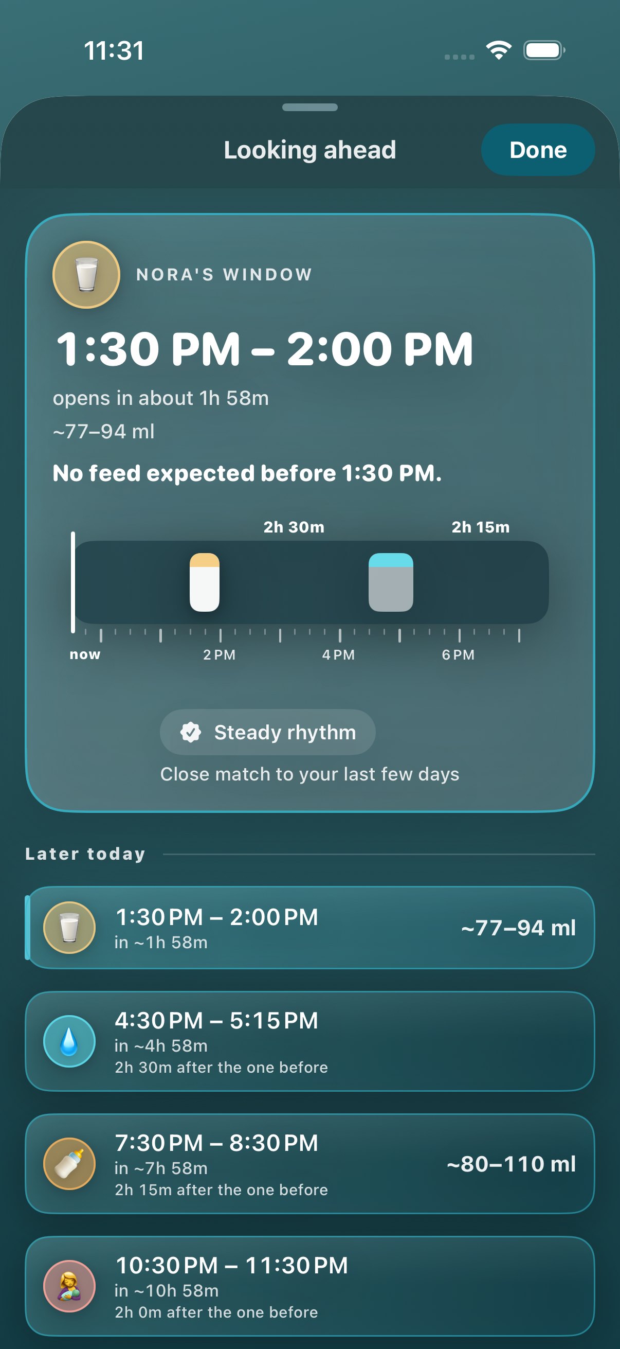FlowCast: the next likely feeds across the day with their windows, and a calm plan of bottles, nursing and solids ahead